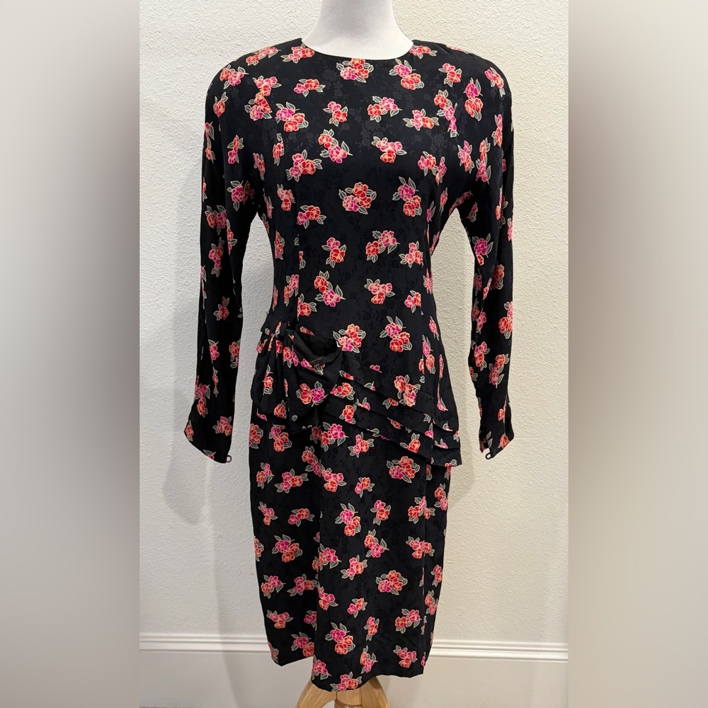 Vintage Nipon Boutique Silk Floral Dress 10 Bow Long Sleeve 80s 90s‎ Black Midi